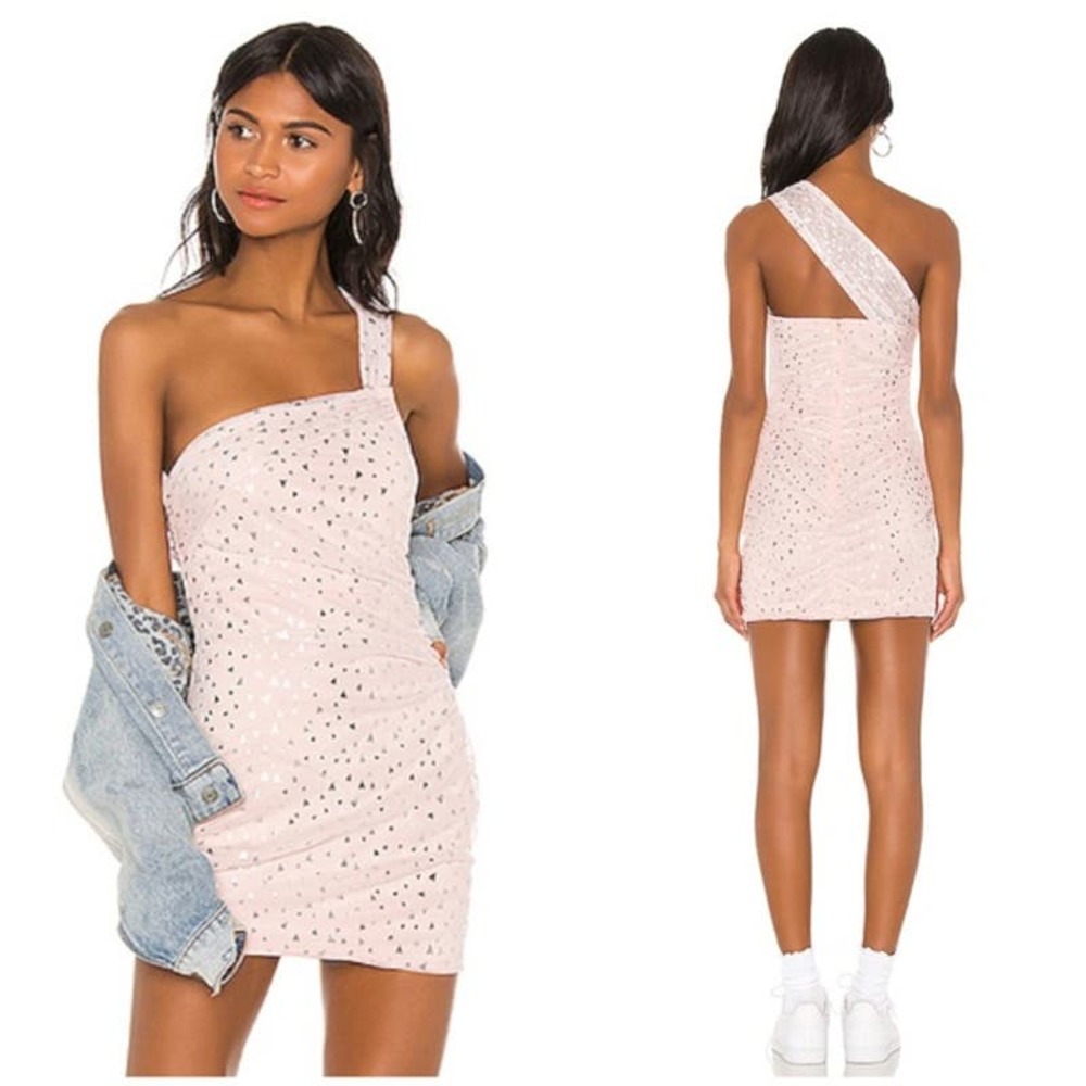 H:ours Rialto Heart Mini Dress‎ XXS One Shoulder Pink Nude Mesh Metallic Silver